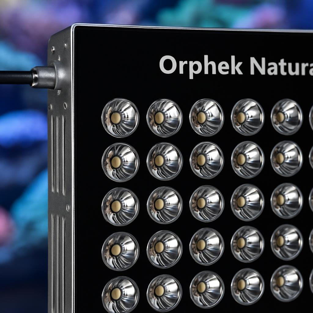 A detailed close-up of the Orphek Natura iCon LED unit, focusing on its reflector and LED components, with a blurred coral reef in the background, emphasizing the product's technological features and build quality.